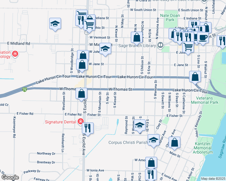 map of restaurants, bars, coffee shops, grocery stores, and more near 504 West Thomas Street in Bay City