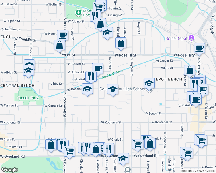 map of restaurants, bars, coffee shops, grocery stores, and more near 3620 Cassia Street in Boise