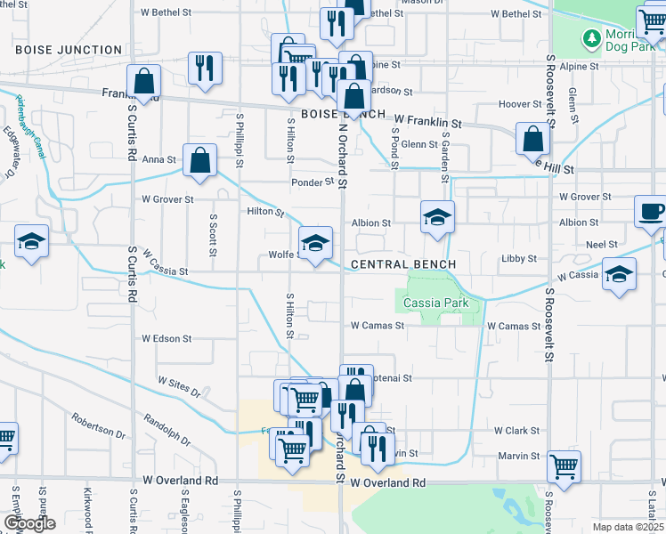 map of restaurants, bars, coffee shops, grocery stores, and more near 799 South Orchard Street in Boise