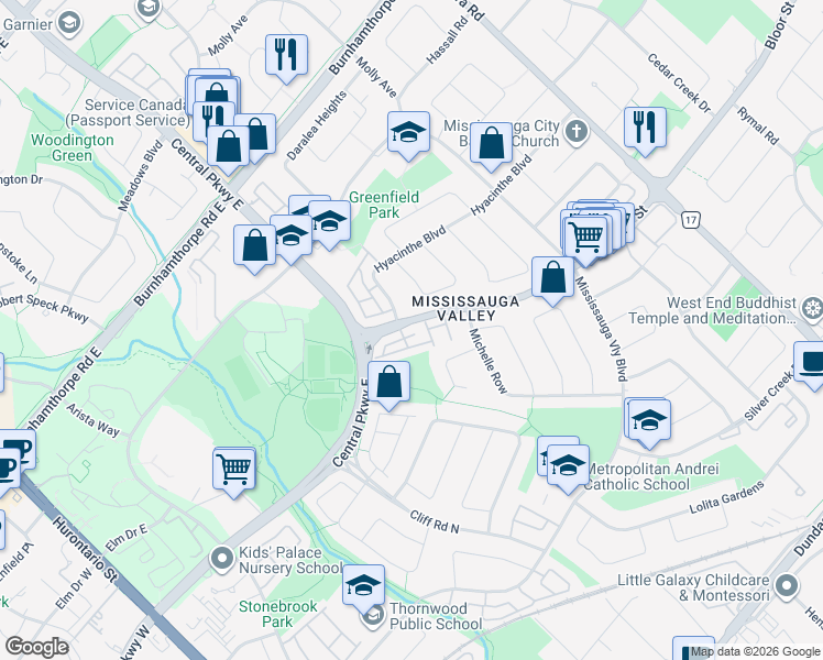 map of restaurants, bars, coffee shops, grocery stores, and more near 400 Bloor Street in Mississauga