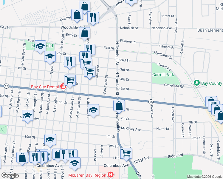 map of restaurants, bars, coffee shops, grocery stores, and more near 2016 5th Street in Bay City