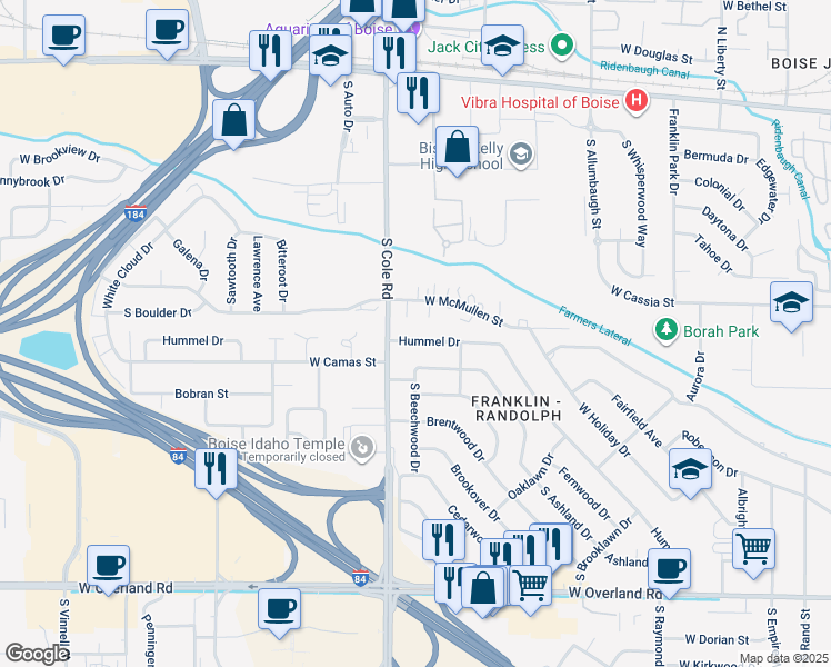 map of restaurants, bars, coffee shops, grocery stores, and more near 7300 Hummel Drive in Boise