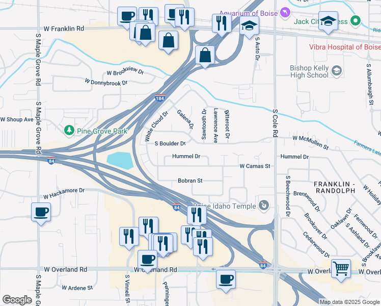 map of restaurants, bars, coffee shops, grocery stores, and more near 7936 Hummel Drive in Boise