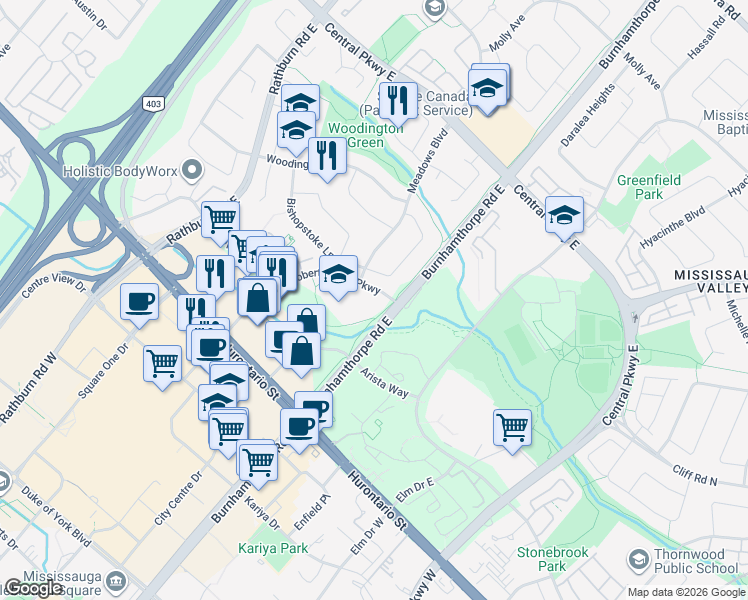 map of restaurants, bars, coffee shops, grocery stores, and more near 200 Robert Speck Parkway in Mississauga