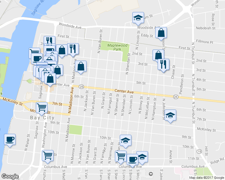 map of restaurants, bars, coffee shops, grocery stores, and more near 1113 Center Avenue in Bay City