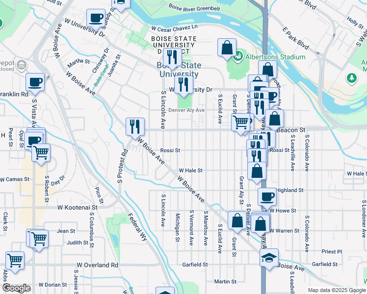 map of restaurants, bars, coffee shops, grocery stores, and more near 1514 Rossi Street in Boise