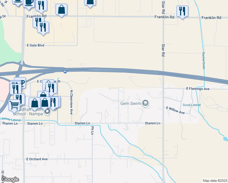 map of restaurants, bars, coffee shops, grocery stores, and more near 1411 North 58th Street in Nampa