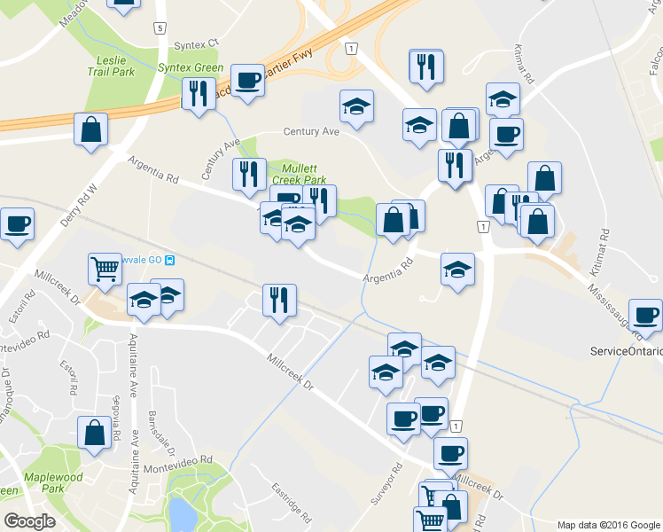 map of restaurants, bars, coffee shops, grocery stores, and more near 2220 Argentia Road in Mississauga