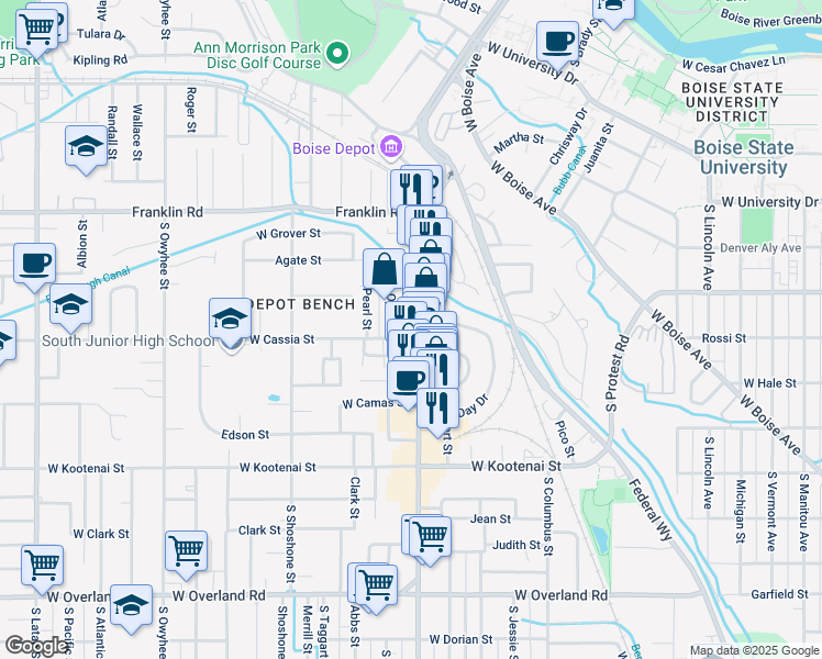 map of restaurants, bars, coffee shops, grocery stores, and more near 725 South Vista Avenue in Boise