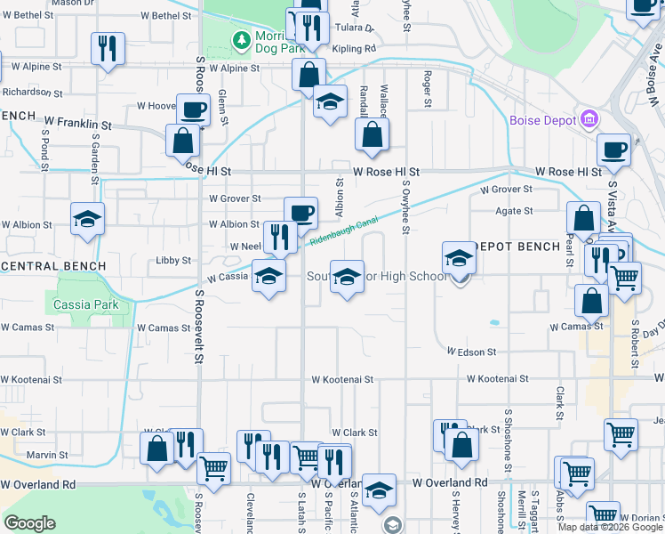 map of restaurants, bars, coffee shops, grocery stores, and more near 3620 Cassia Street in Boise