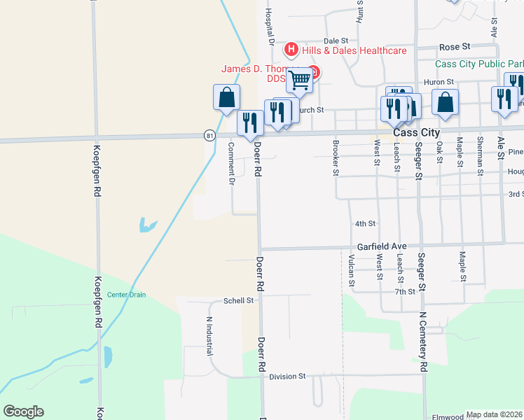 map of restaurants, bars, coffee shops, grocery stores, and more near 4400 Doerr Road in Cass City