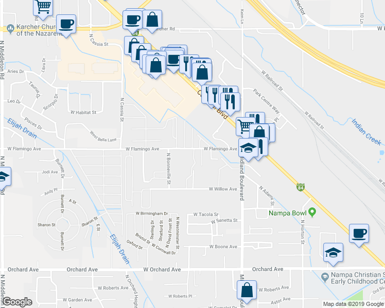 map of restaurants, bars, coffee shops, grocery stores, and more near 1319 West Flamingo Avenue in Nampa