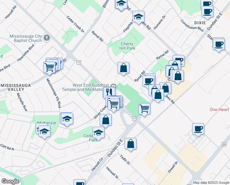 map of restaurants, bars, coffee shops, grocery stores, and more near 3123 Cawthra Road in Mississauga