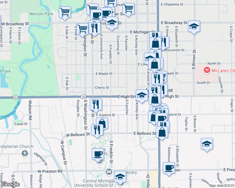 map of restaurants, bars, coffee shops, grocery stores, and more near 307 East High Street in Mount Pleasant