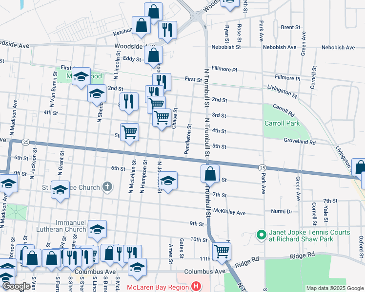 map of restaurants, bars, coffee shops, grocery stores, and more near 1916 5th Street in Bay City