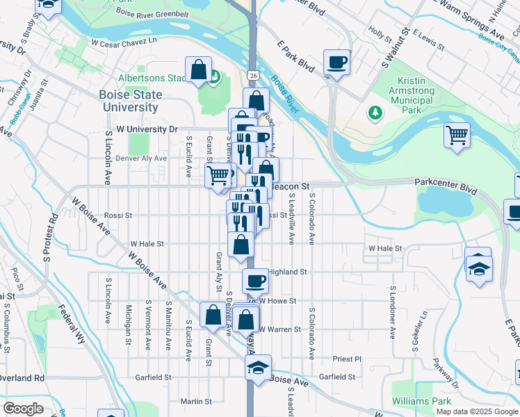 map of restaurants, bars, coffee shops, grocery stores, and more near 1222 Broadway Avenue in Boise