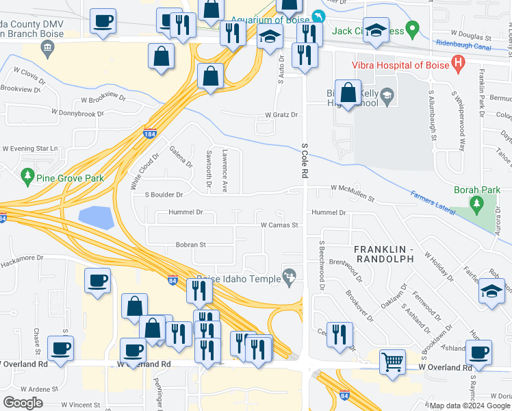 map of restaurants, bars, coffee shops, grocery stores, and more near 831 South Wild Phlox Place in Boise