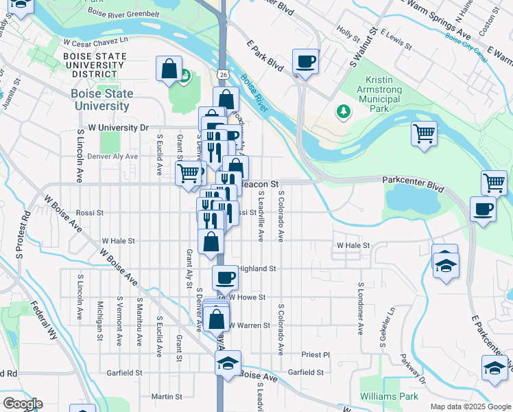 map of restaurants, bars, coffee shops, grocery stores, and more near 1227 South Leadville Avenue in Boise