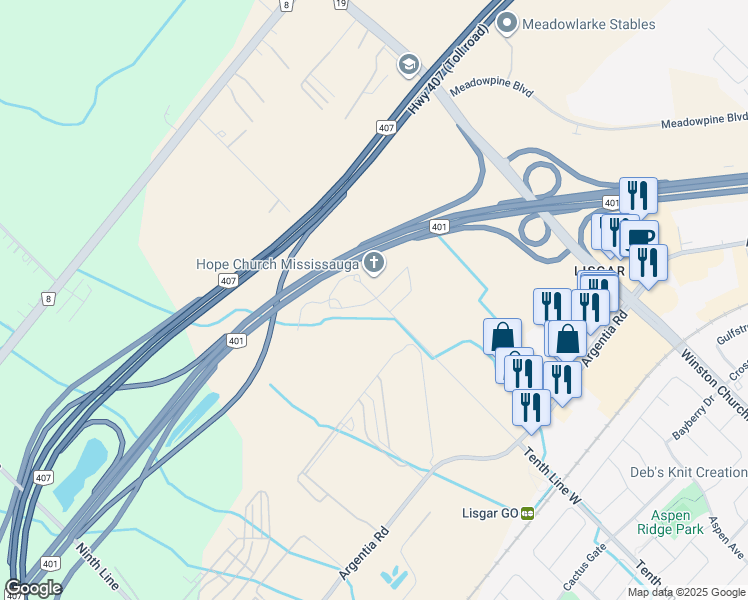 map of restaurants, bars, coffee shops, grocery stores, and more near 7564 Tenth Line West in Mississauga