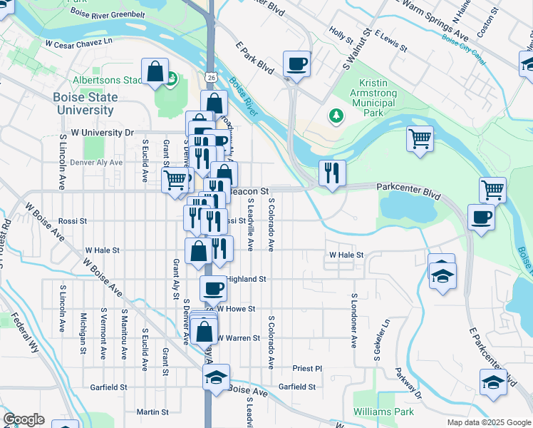 map of restaurants, bars, coffee shops, grocery stores, and more near 1227 South Colorado Avenue in Boise