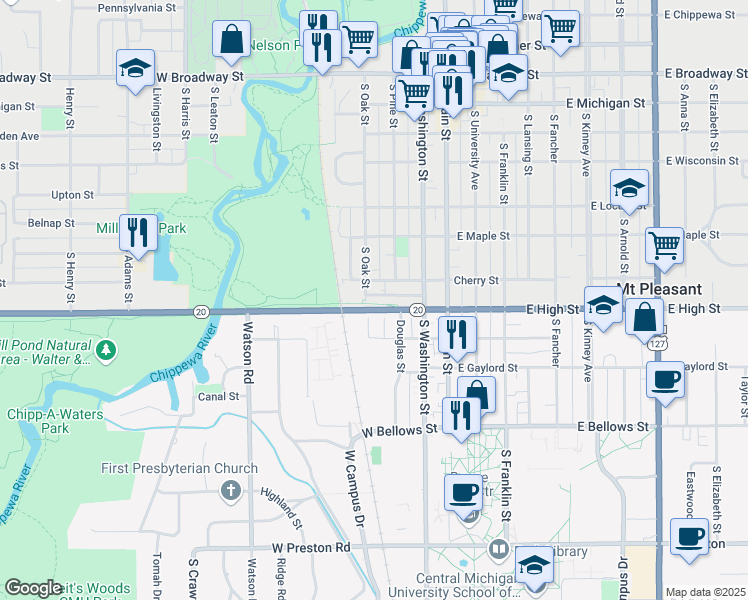 map of restaurants, bars, coffee shops, grocery stores, and more near 715 South Oak Street in Mount Pleasant