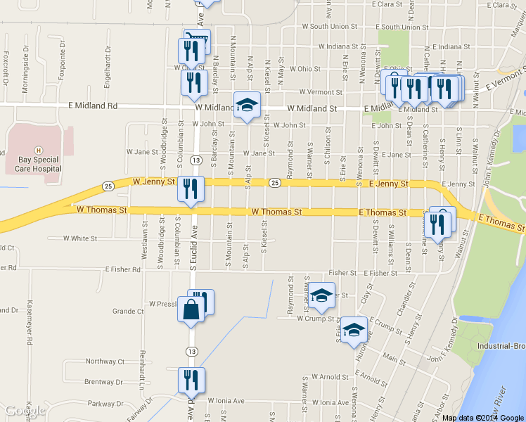 map of restaurants, bars, coffee shops, grocery stores, and more near 504 West Thomas Street in Bay City