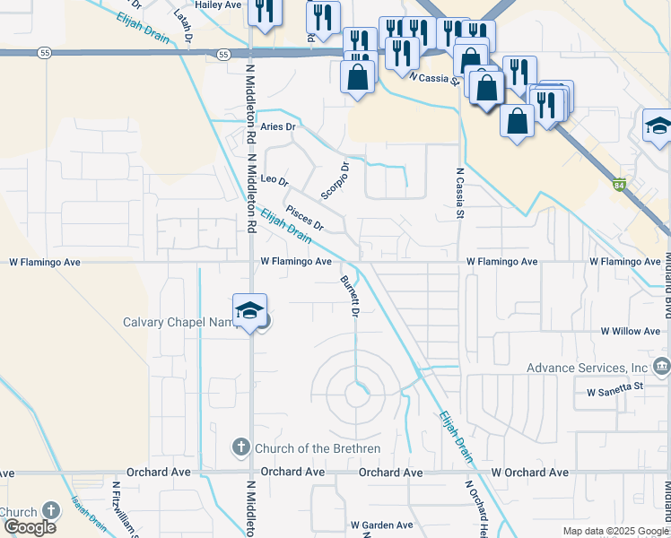 map of restaurants, bars, coffee shops, grocery stores, and more near 1418 Burnett Drive in Nampa