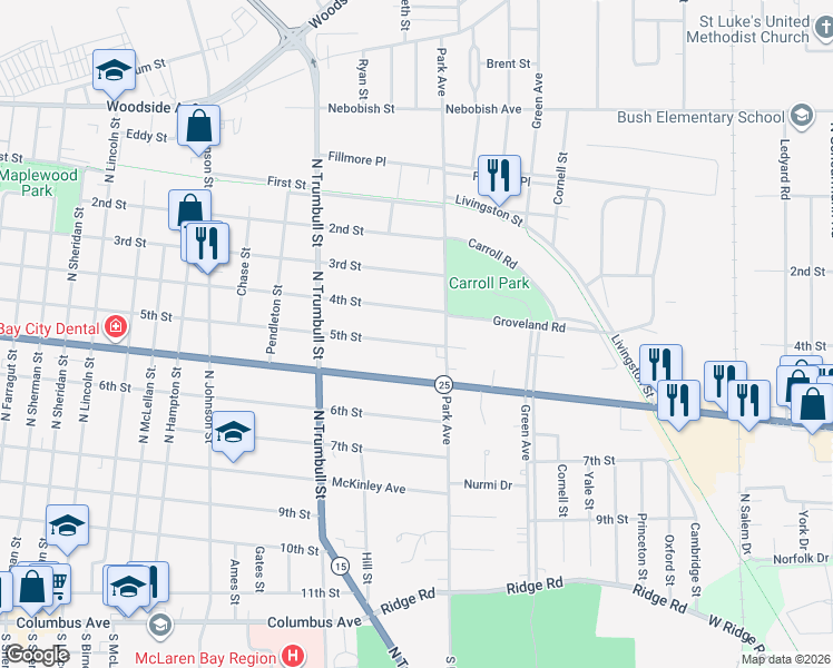 map of restaurants, bars, coffee shops, grocery stores, and more near 2165 5th Street in Bay City