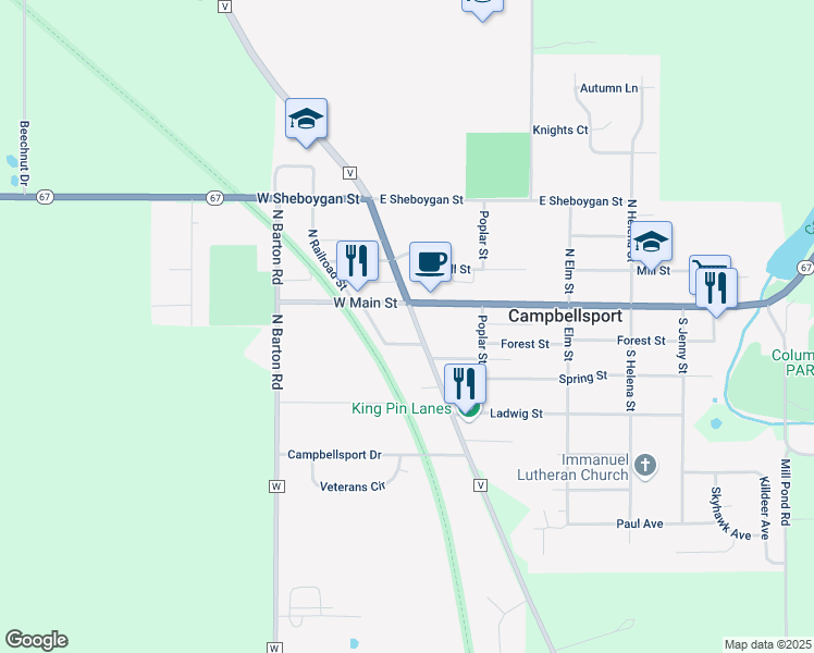 map of restaurants, bars, coffee shops, grocery stores, and more near 121 South Fond Du Lac Avenue in Campbellsport
