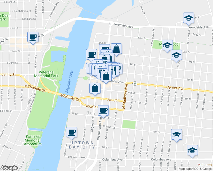 map of restaurants, bars, coffee shops, grocery stores, and more near 710 Washington Avenue in Bay City