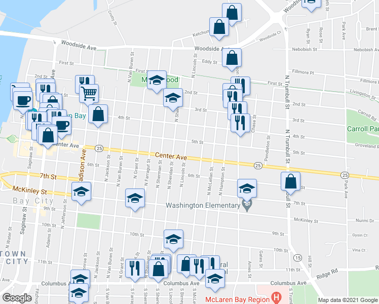 map of restaurants, bars, coffee shops, grocery stores, and more near 1401 Center Avenue in Bay City