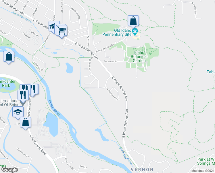 map of restaurants, bars, coffee shops, grocery stores, and more near 2205 East Walling Drive in Boise
