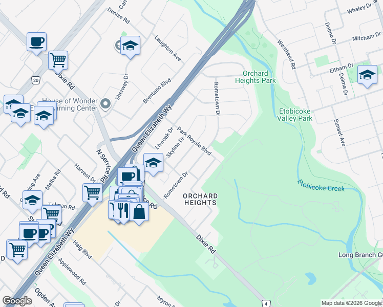 map of restaurants, bars, coffee shops, grocery stores, and more near 1482 Glenwatson Drive in Mississauga