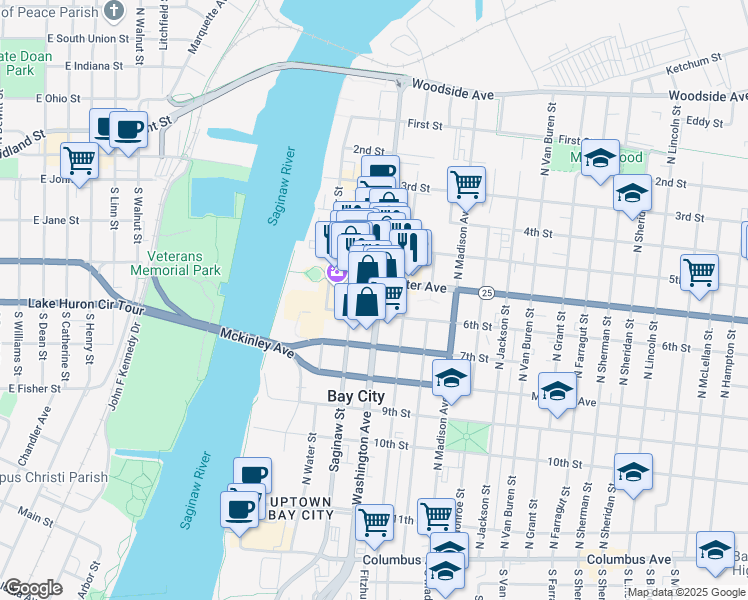 map of restaurants, bars, coffee shops, grocery stores, and more near 710 Washington Avenue in Bay City
