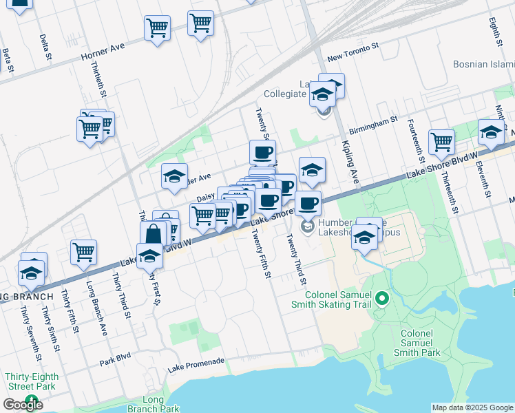 map of restaurants, bars, coffee shops, grocery stores, and more near 6 Twenty Fourth Street in Toronto