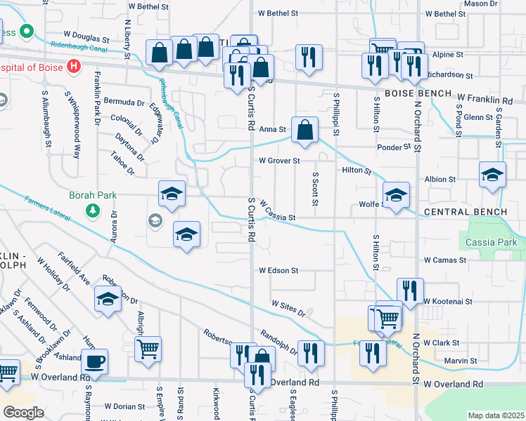 map of restaurants, bars, coffee shops, grocery stores, and more near 5709 West Cassia Street in Boise