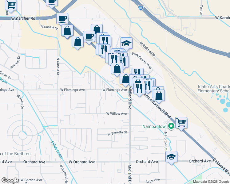 map of restaurants, bars, coffee shops, grocery stores, and more near 1117 West Flamingo Avenue in Nampa
