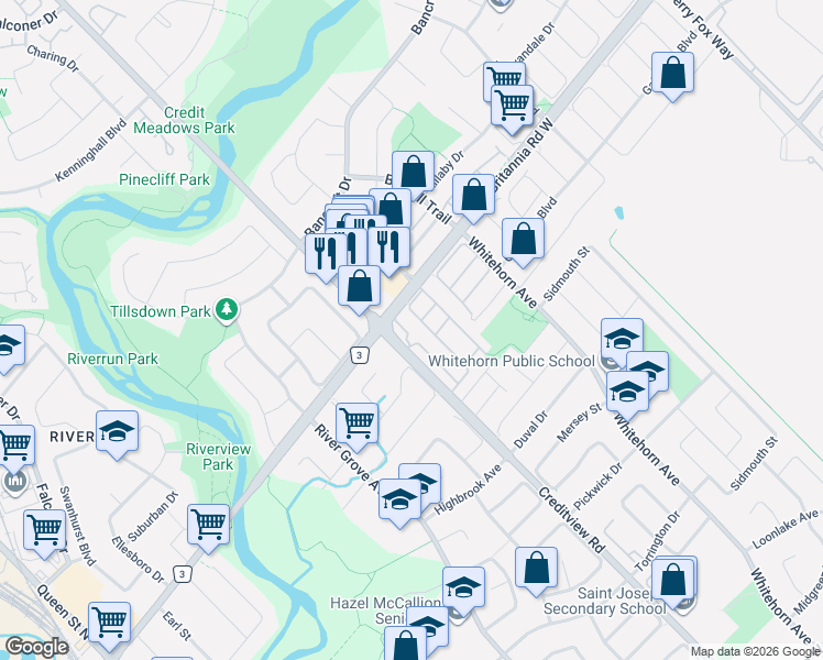 map of restaurants, bars, coffee shops, grocery stores, and more near 5985 Creditview Road in Mississauga