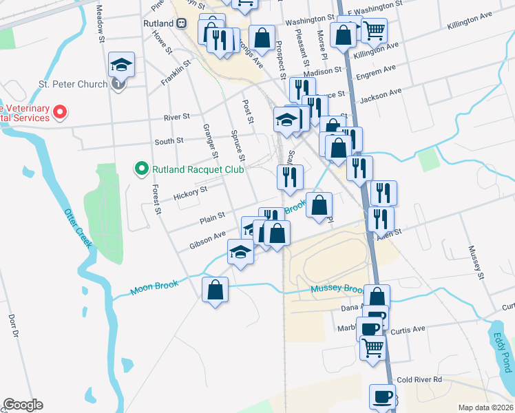 map of restaurants, bars, coffee shops, grocery stores, and more near 66 Plain Street in Rutland