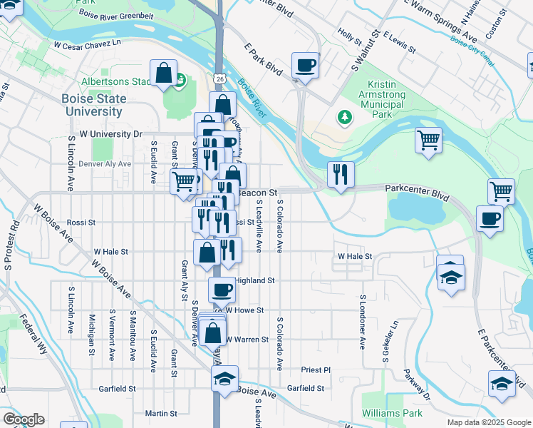 map of restaurants, bars, coffee shops, grocery stores, and more near 1227 South Colorado Avenue in Boise