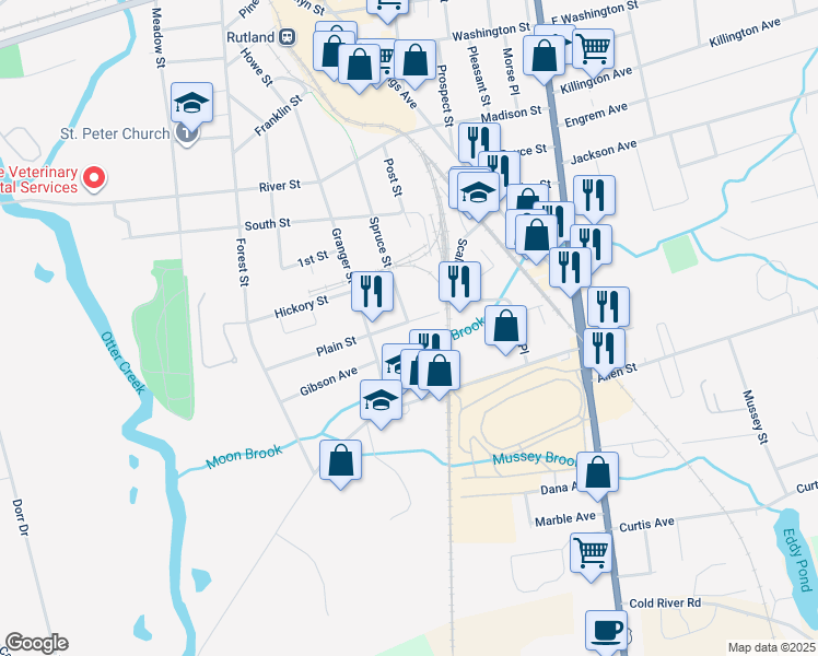map of restaurants, bars, coffee shops, grocery stores, and more near 66 Plain Street in Rutland