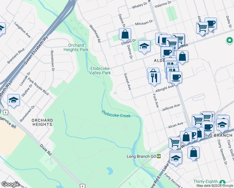 map of restaurants, bars, coffee shops, grocery stores, and more near 29 Westleigh Crescent in Toronto