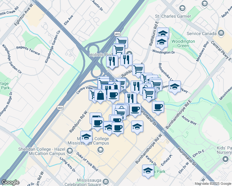 map of restaurants, bars, coffee shops, grocery stores, and more near 25 Square One Drive in Mississauga