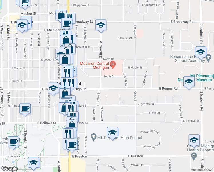 map of restaurants, bars, coffee shops, grocery stores, and more near 1205 East High Street in Mount Pleasant