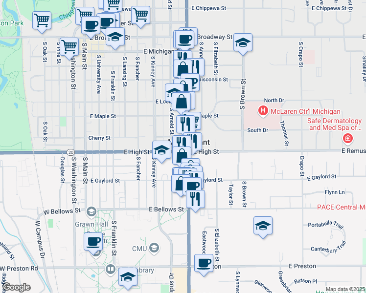 map of restaurants, bars, coffee shops, grocery stores, and more near 718 South Mission Street in Mount Pleasant
