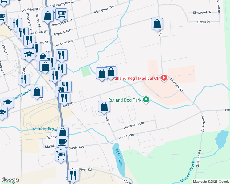map of restaurants, bars, coffee shops, grocery stores, and more near 92 Allen Street in Rutland