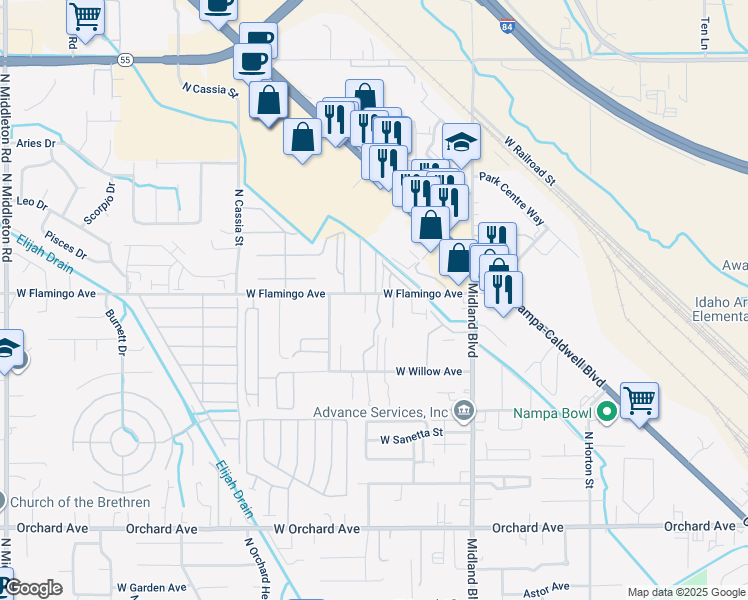 map of restaurants, bars, coffee shops, grocery stores, and more near 1445 North Stephanie Lane in Nampa