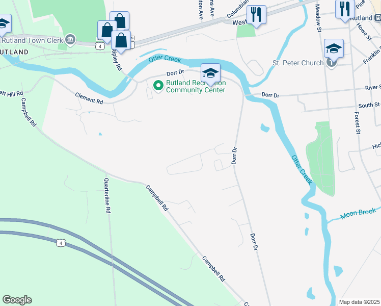 map of restaurants, bars, coffee shops, grocery stores, and more near 22 Stoneridge Drive in Rutland