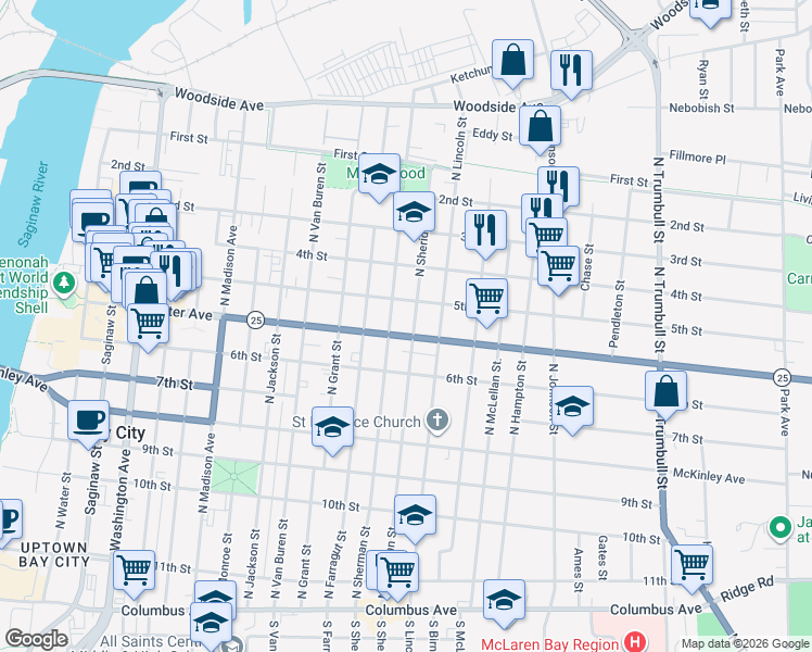 map of restaurants, bars, coffee shops, grocery stores, and more near 1213 Center Avenue in Bay City