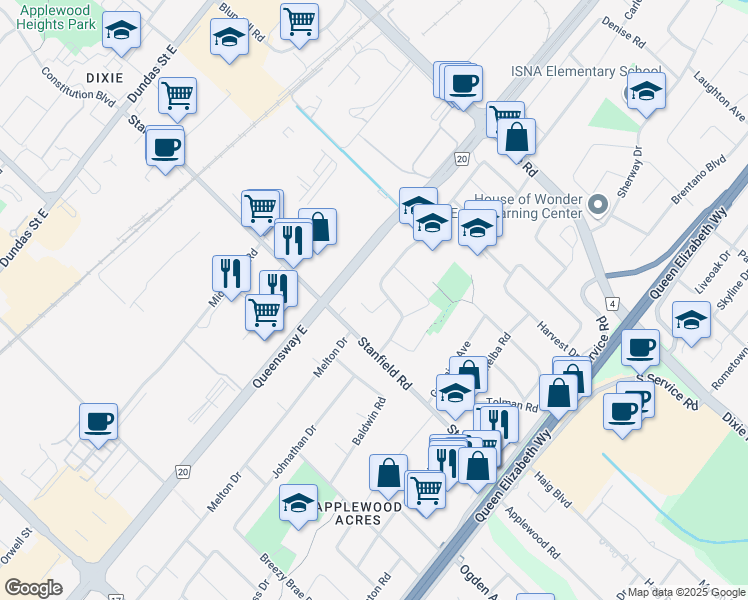 map of restaurants, bars, coffee shops, grocery stores, and more near 2235 Promenade Court in Mississauga